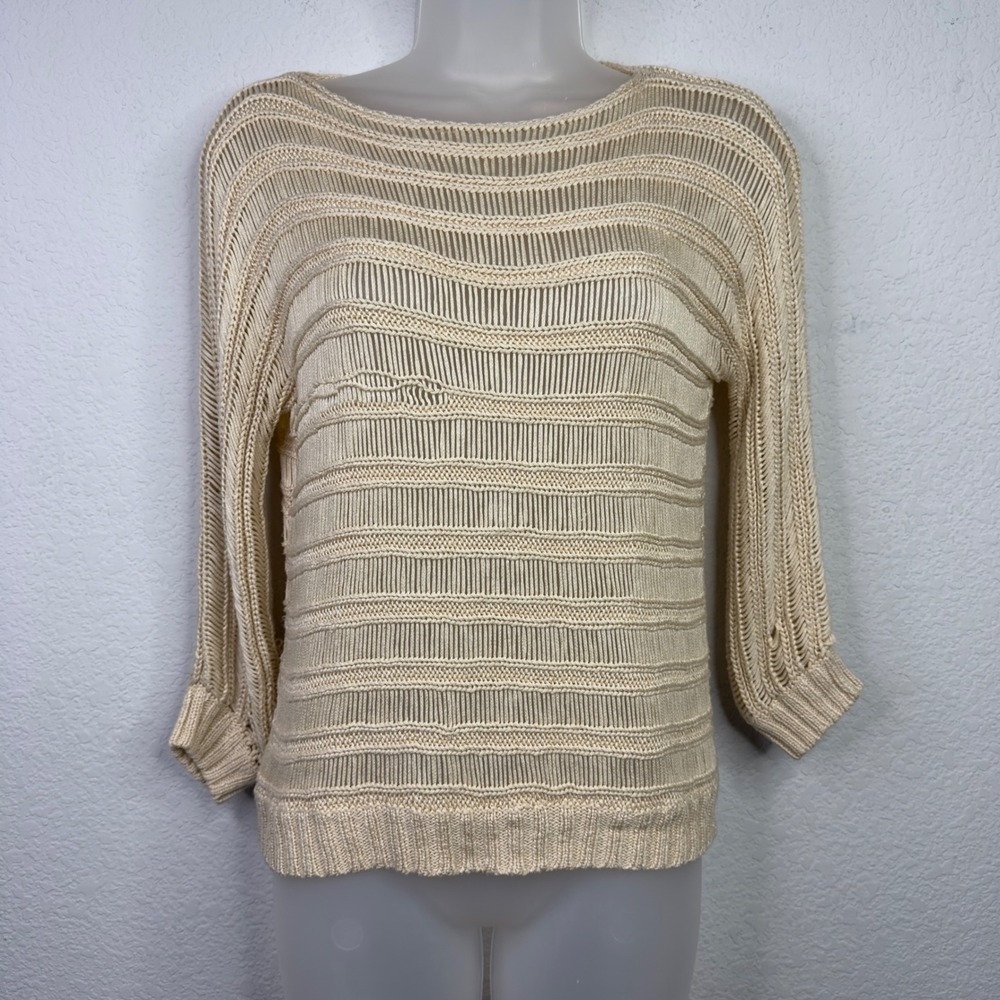 Umgee Sweater Women S Beige Open Knit Boho Hippie Festival Cottage Coastal Retro
